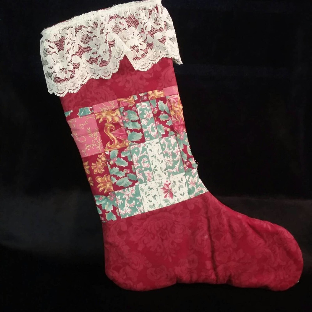 hand made quilted vintage Christmas stocking lace one of a kind 12 inch 9 inch